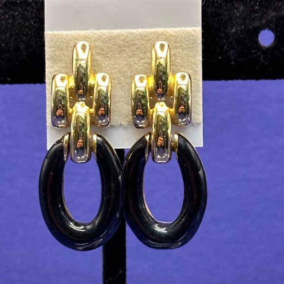 VTG Givenchy Black & Gold-Tone Door-Knocker Post Earrings - Picture 4 of 13